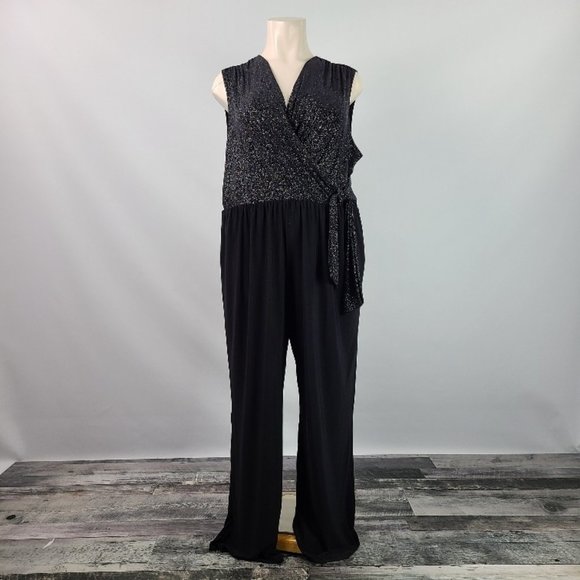 Tiana B Black Silver Metallic Cross Over Jumpsuit - Picture 2 of 16